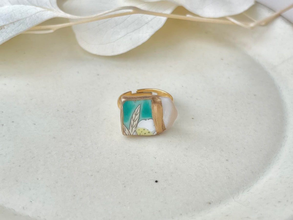 Arita Ware Kintsugi Ring, Stainless Steel with 18K Gold Coating, Free Size, Leaf Pattern, Lapis Lazuli, Freshwater Pearl, Natural Stone, Traditional Craft, #463