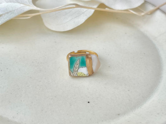 有田焼　金継ぎ　リング　サージカルステンレス304　18K　PVD　フリーサイズ　緑　リーフ柄　花柄　マザーオブパール　天然石　伝統工芸　＃647