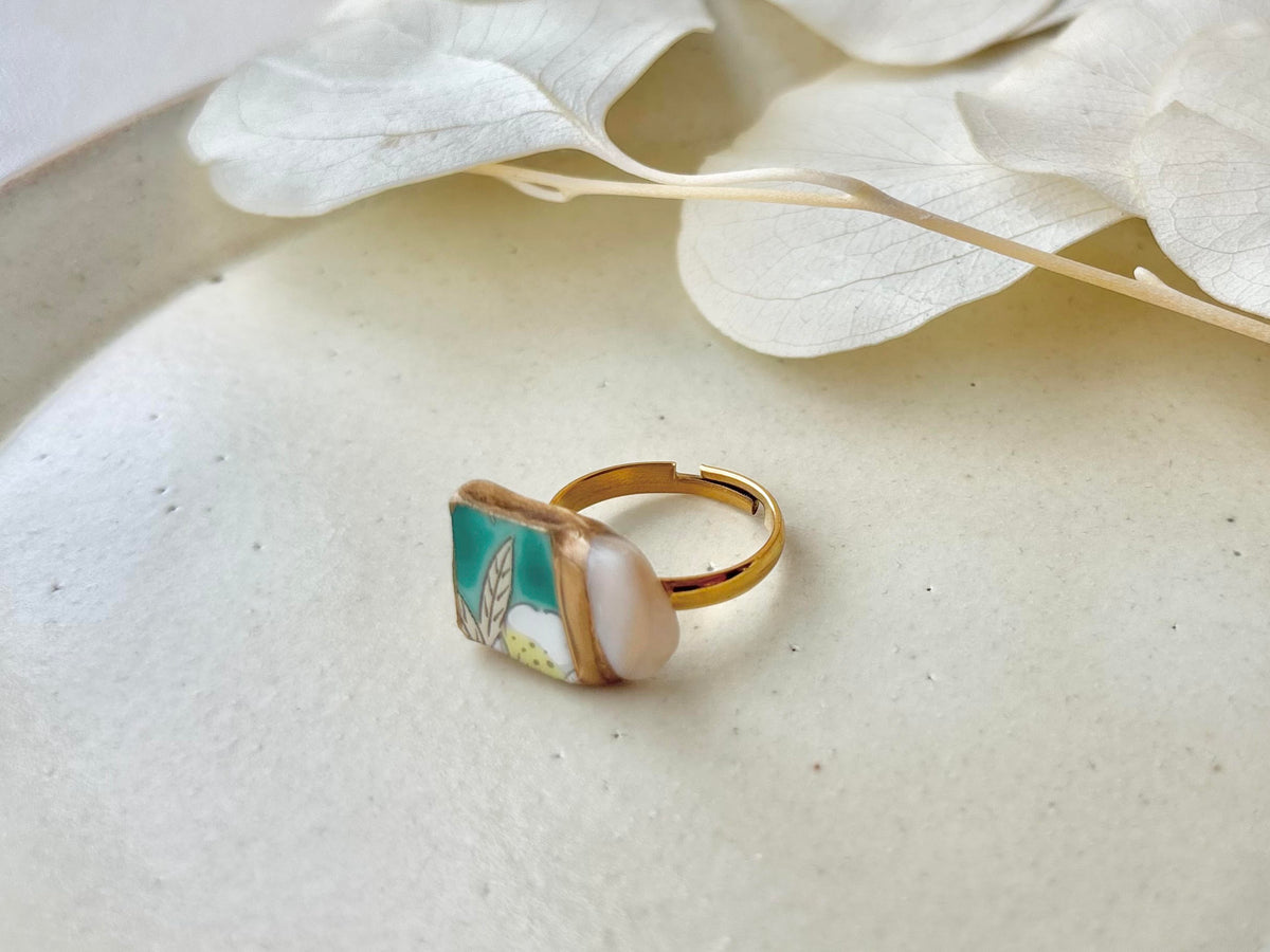 Arita Ware Kintsugi Ring, Stainless Steel with 18K Gold Coating, Free Size, Leaf Pattern, Lapis Lazuli, Freshwater Pearl, Natural Stone, Traditional Craft, #463