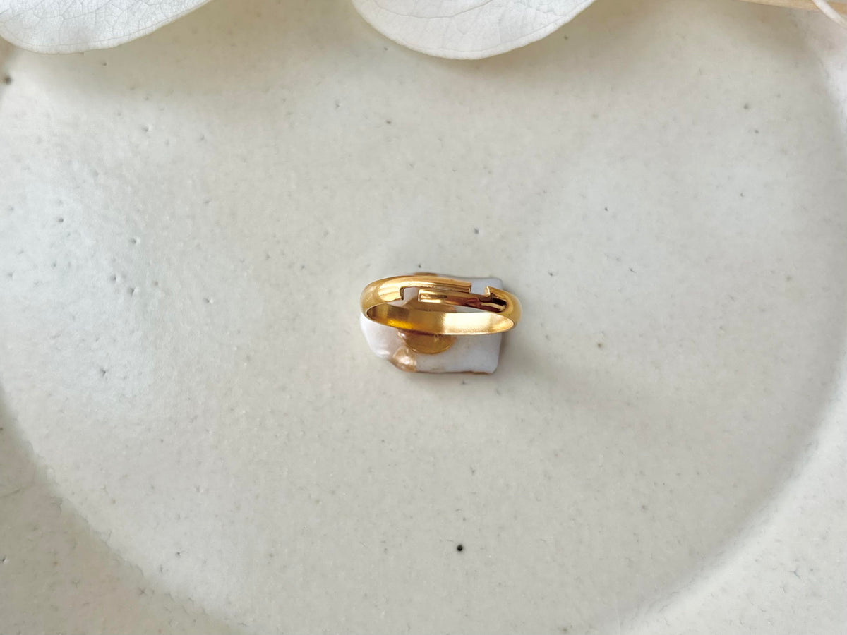 Arita Ware Kintsugi Ring, Stainless Steel with 18K Gold Coating, Free Size, Leaf Pattern, Lapis Lazuli, Freshwater Pearl, Natural Stone, Traditional Craft, #463