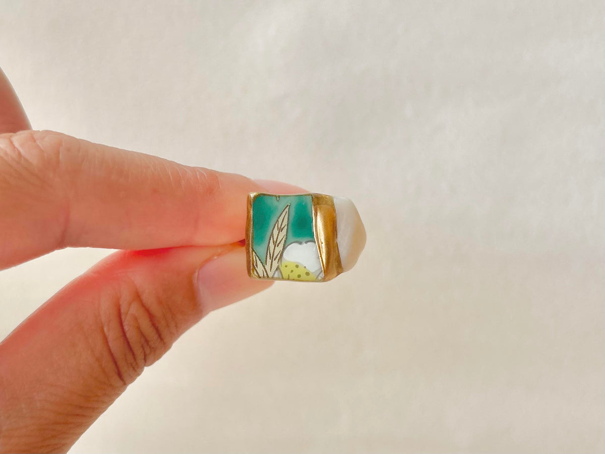 Arita Ware Kintsugi Ring, Stainless Steel with 18K Gold Coating, Free Size, Leaf Pattern, Lapis Lazuli, Freshwater Pearl, Natural Stone, Traditional Craft, #463