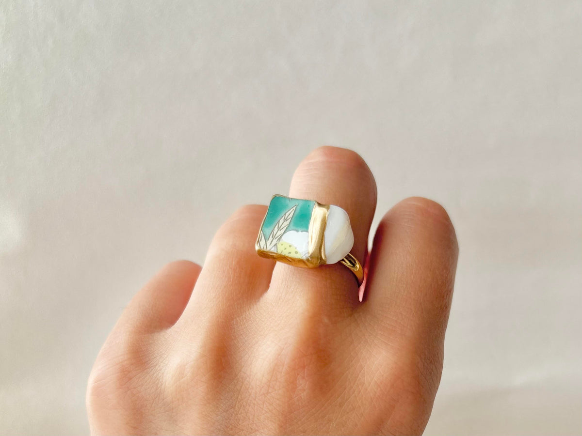 Arita Ware Kintsugi Ring, Stainless Steel with 18K Gold Coating, Free Size, Leaf Pattern, Lapis Lazuli, Freshwater Pearl, Natural Stone, Traditional Craft, #463