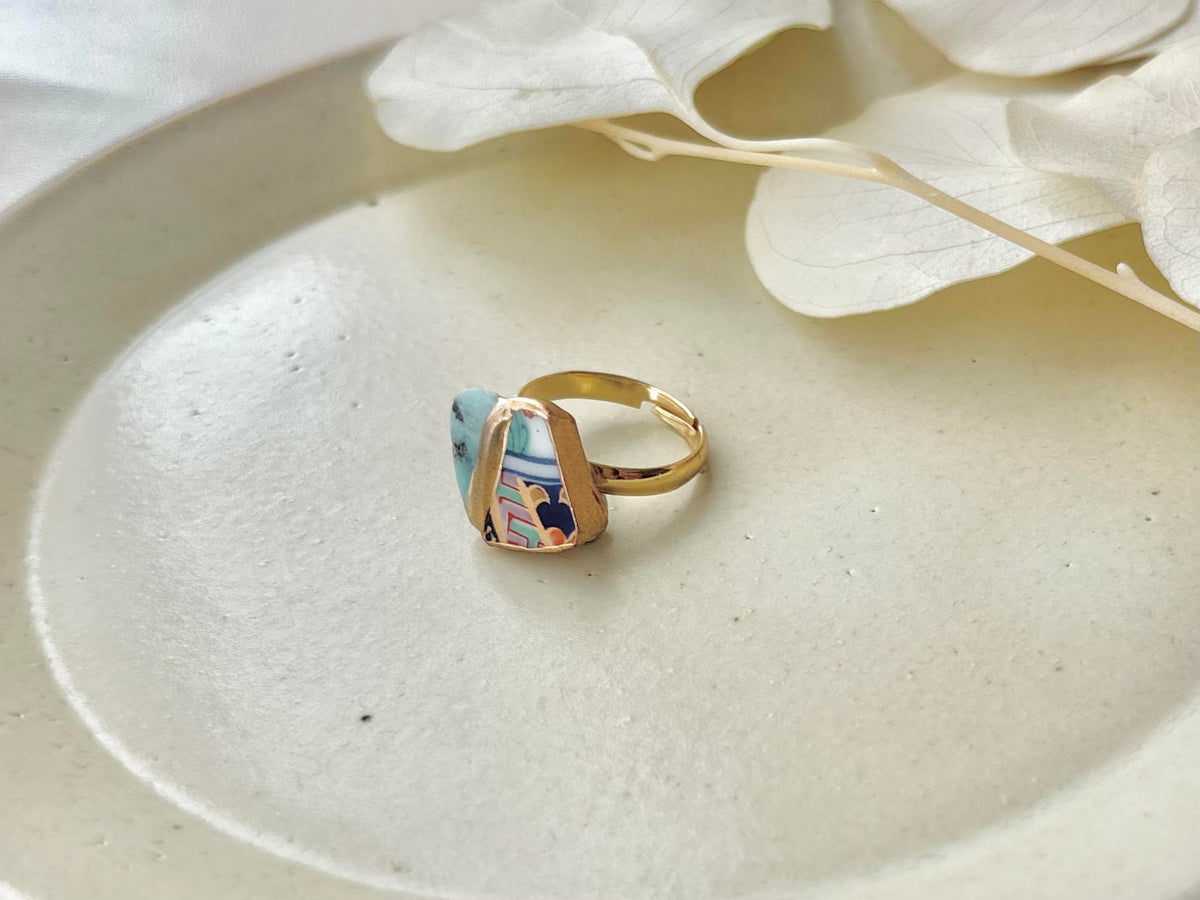 Arita Ware Kintsugi Ring, Stainless Steel with 18K Gold Coating, Free Size, Leaf Pattern, Lapis Lazuli, Freshwater Pearl, Natural Stone, Traditional Craft, #463