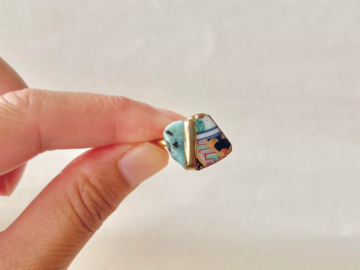 Arita Ware Kintsugi Ring, Stainless Steel with 18K Gold Coating, Free Size, Leaf Pattern, Lapis Lazuli, Freshwater Pearl, Natural Stone, Traditional Craft, #463