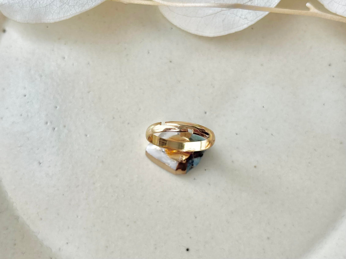 Arita Ware Kintsugi Ring, Stainless Steel with 18K Gold Coating, Free Size, Leaf Pattern, Lapis Lazuli, Freshwater Pearl, Natural Stone, Traditional Craft, #463