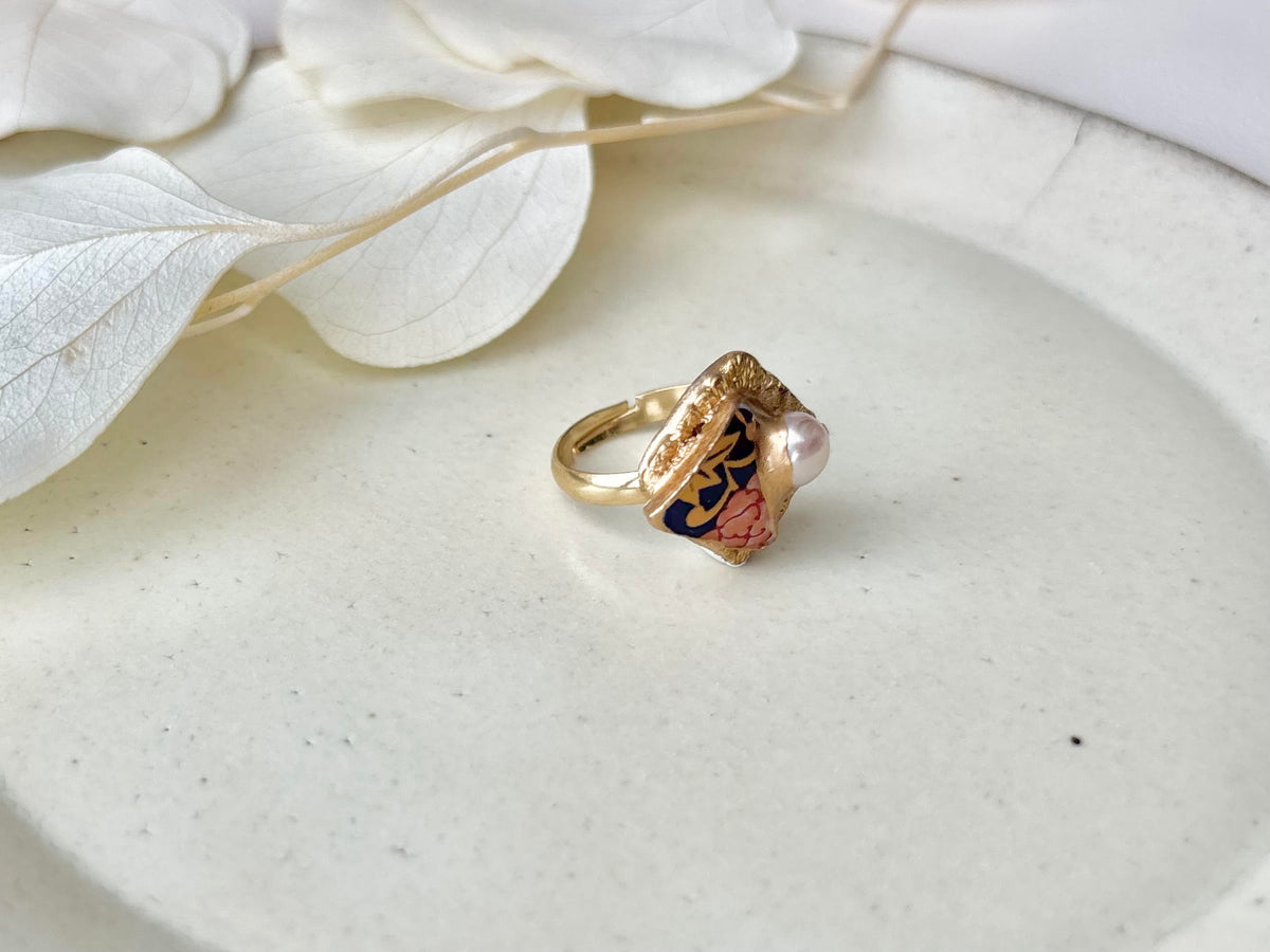 Arita Ware Kintsugi Ring, Stainless Steel with 18K Gold Coating, Free Size, Leaf Pattern, Lapis Lazuli, Freshwater Pearl, Natural Stone, Traditional Craft, #463