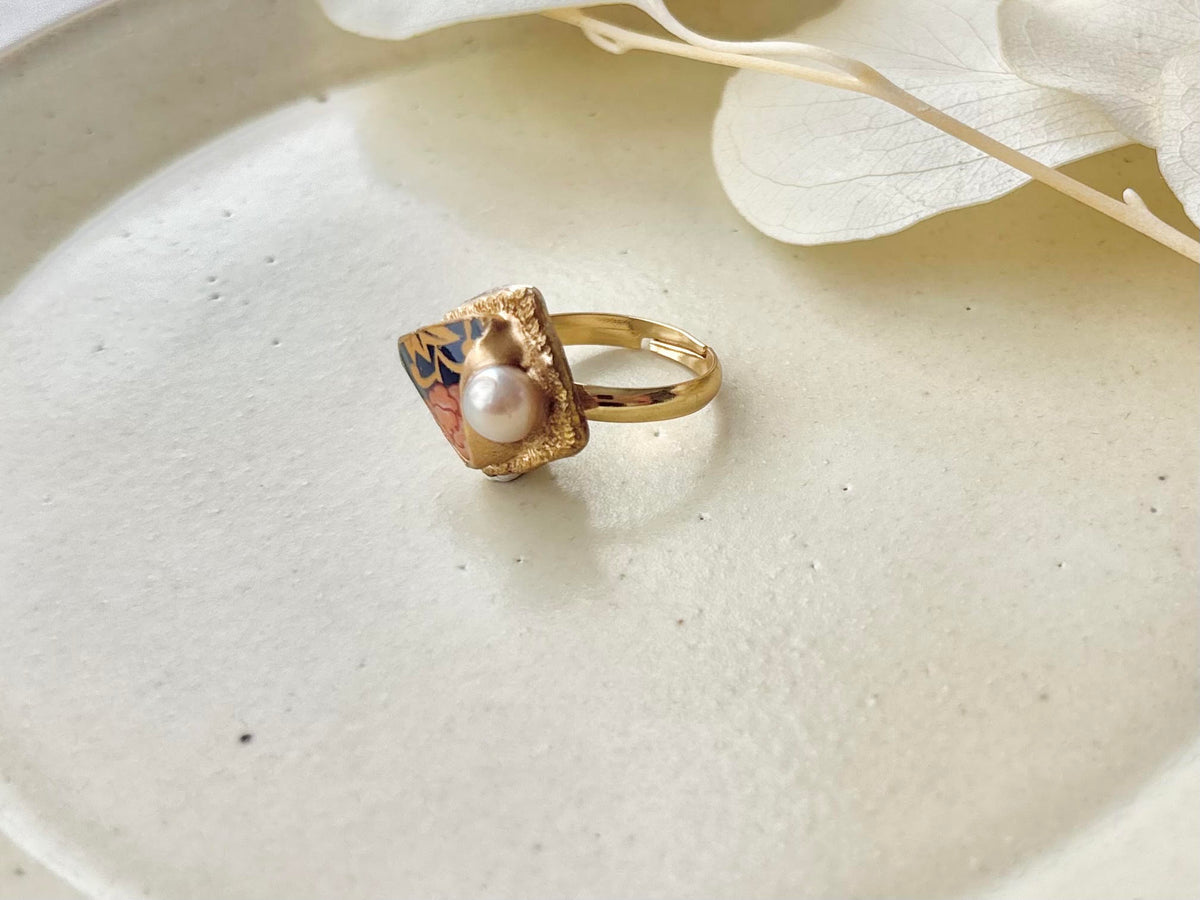 Arita Ware Kintsugi Ring, Stainless Steel with 18K Gold Coating, Free Size, Leaf Pattern, Lapis Lazuli, Freshwater Pearl, Natural Stone, Traditional Craft, #463
