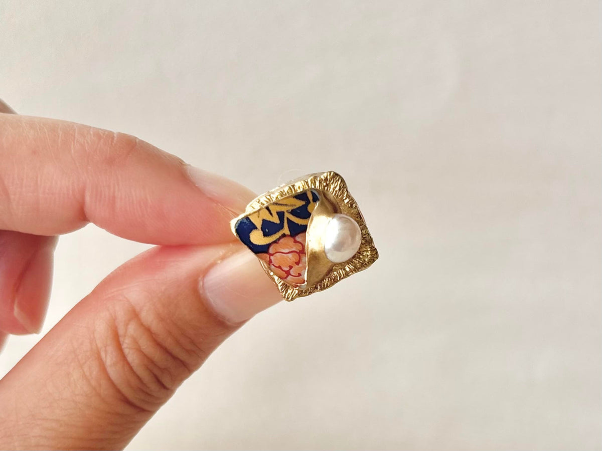 Arita Ware Kintsugi Ring, Stainless Steel with 18K Gold Coating, Free Size, Leaf Pattern, Lapis Lazuli, Freshwater Pearl, Natural Stone, Traditional Craft, #463