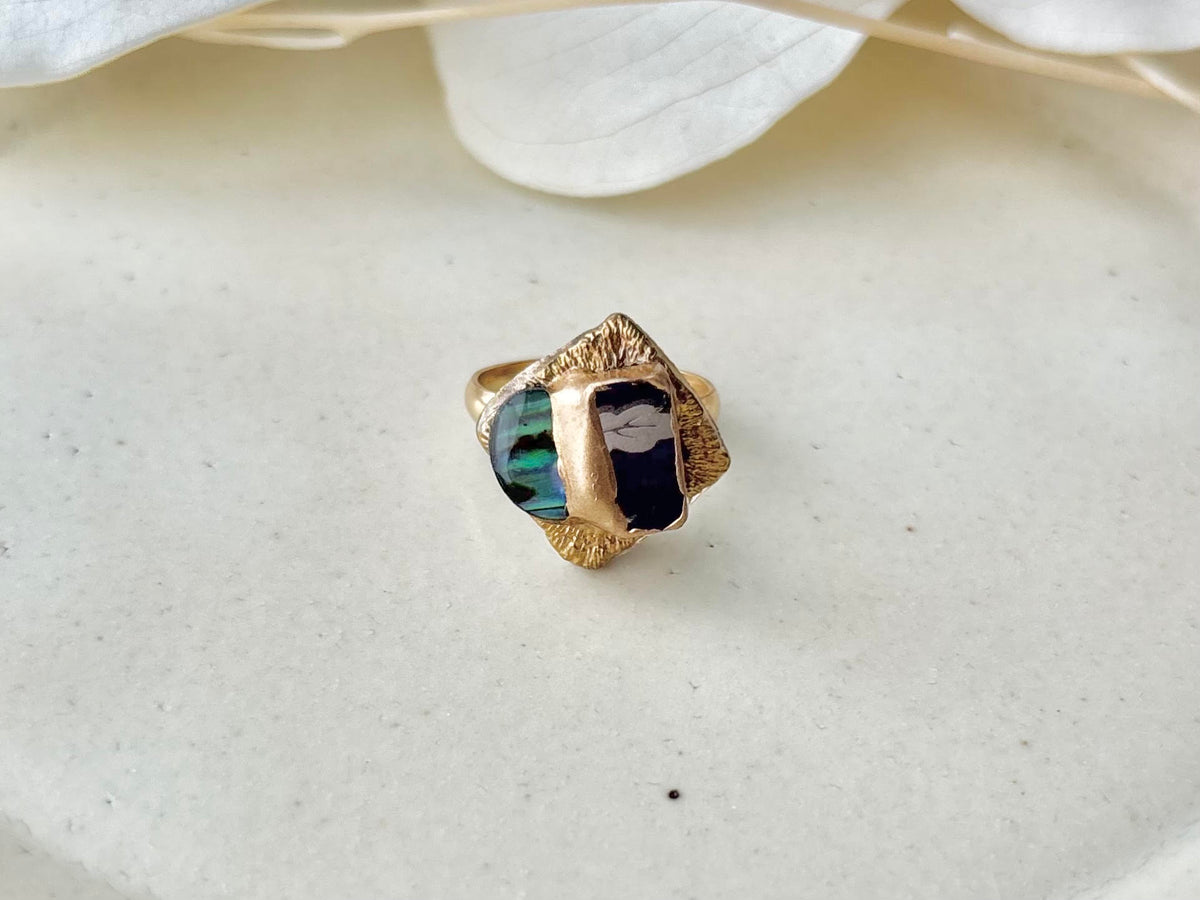 Arita Ware Kintsugi Ring, Stainless Steel with 18K Gold Coating, Free Size, Leaf Pattern, Lapis Lazuli, Freshwater Pearl, Natural Stone, Traditional Craft, #463