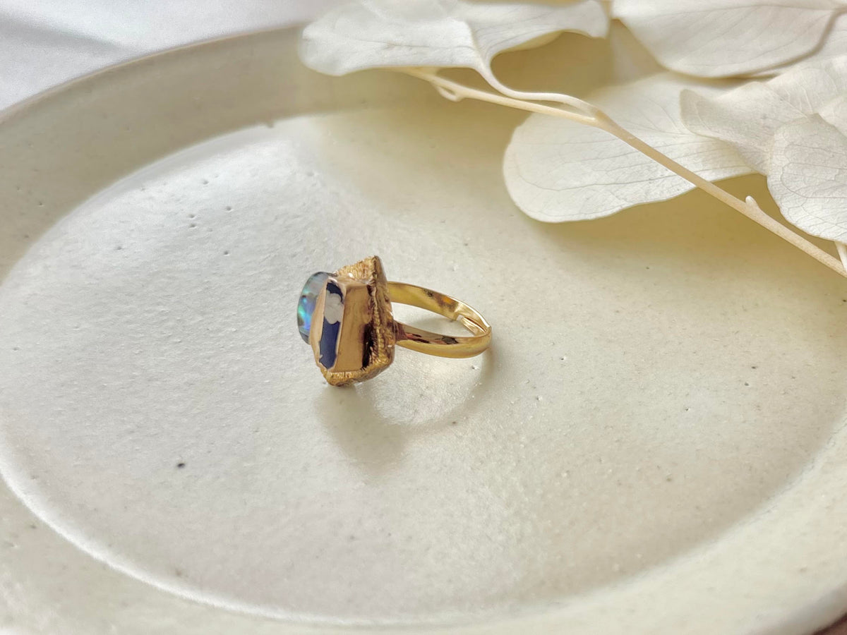 Arita Ware Kintsugi Ring, Stainless Steel with 18K Gold Coating, Free Size, Leaf Pattern, Lapis Lazuli, Freshwater Pearl, Natural Stone, Traditional Craft, #463
