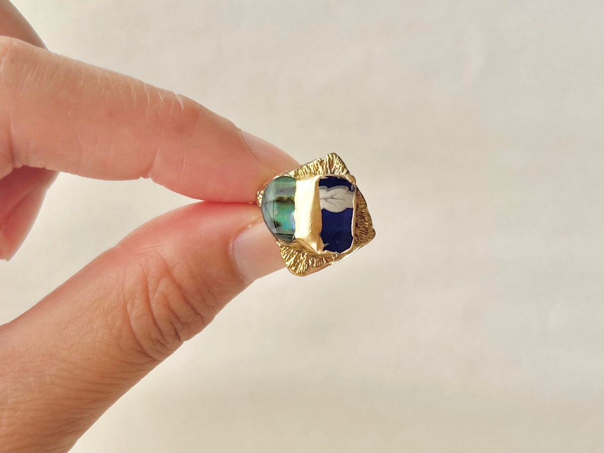 Arita Ware Kintsugi Ring, Stainless Steel with 18K Gold Coating, Free Size, Leaf Pattern, Lapis Lazuli, Freshwater Pearl, Natural Stone, Traditional Craft, #463