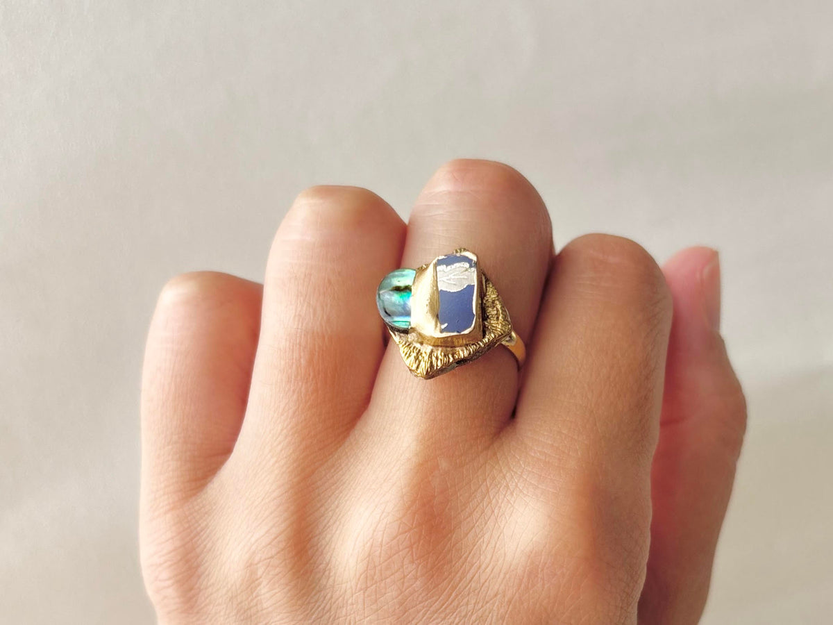 Arita Ware Kintsugi Ring, Stainless Steel with 18K Gold Coating, Free Size, Leaf Pattern, Lapis Lazuli, Freshwater Pearl, Natural Stone, Traditional Craft, #463