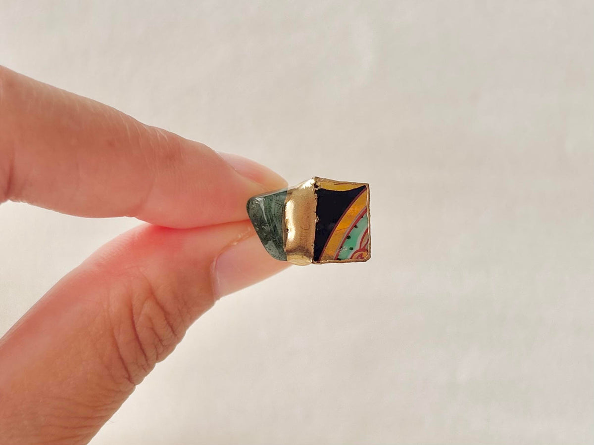 有田焼　金継ぎ　リング　サージカルステンレス304　18K　PVD　フリーサイズ　紺色　グリーンルチルクォーツ　天然石　伝統工芸　＃652