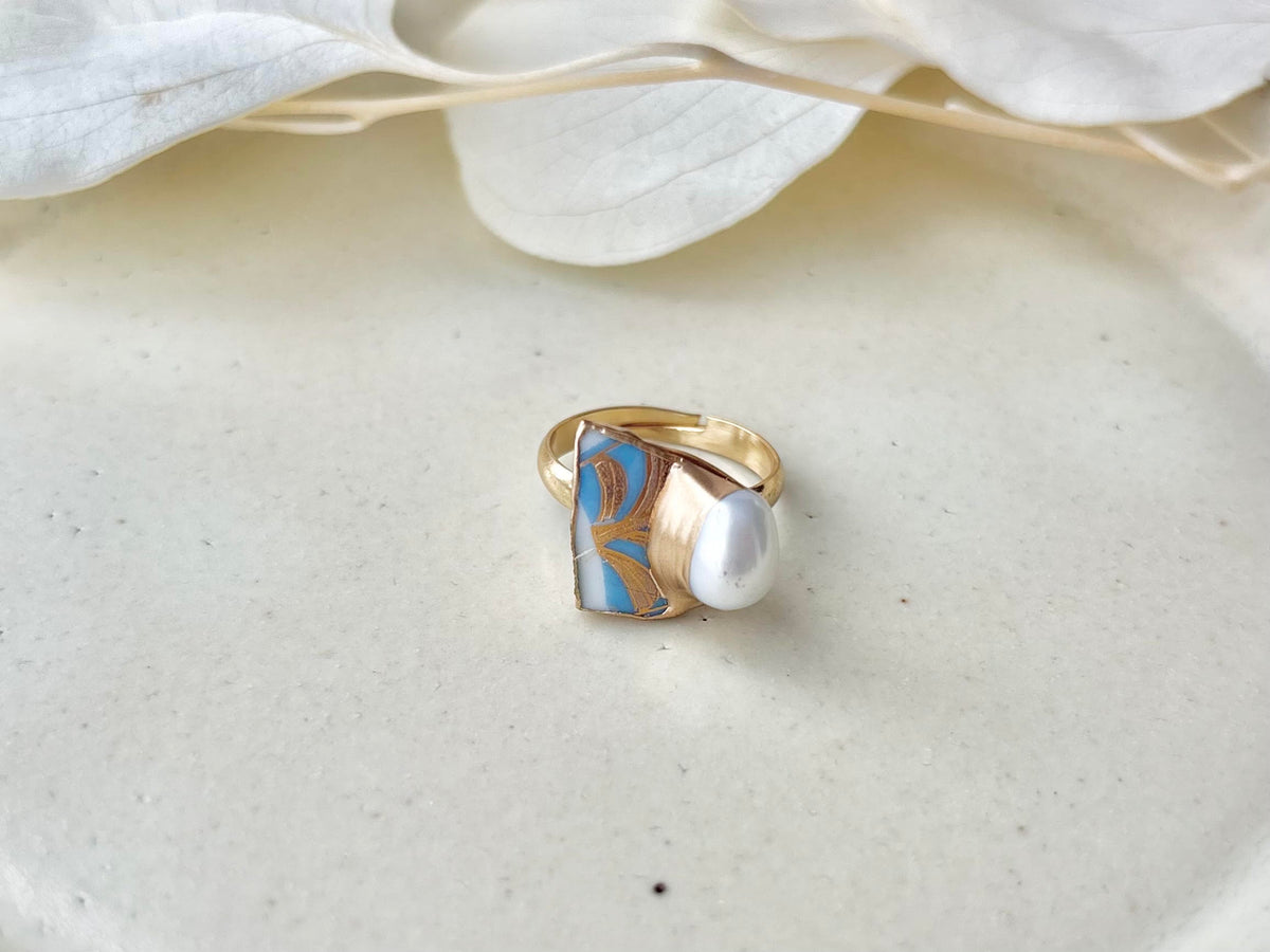 Arita Ware Kintsugi Ring, Stainless Steel with 18K Gold Coating, Free Size, Leaf Pattern, Lapis Lazuli, Freshwater Pearl, Natural Stone, Traditional Craft, #463