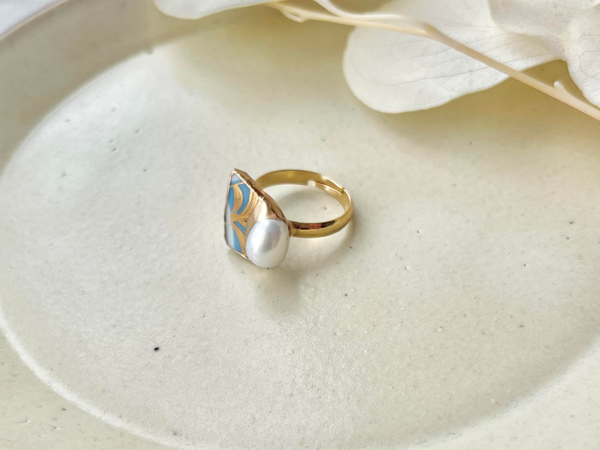 Arita Ware Kintsugi Ring, Stainless Steel with 18K Gold Coating, Free Size, Leaf Pattern, Lapis Lazuli, Freshwater Pearl, Natural Stone, Traditional Craft, #463