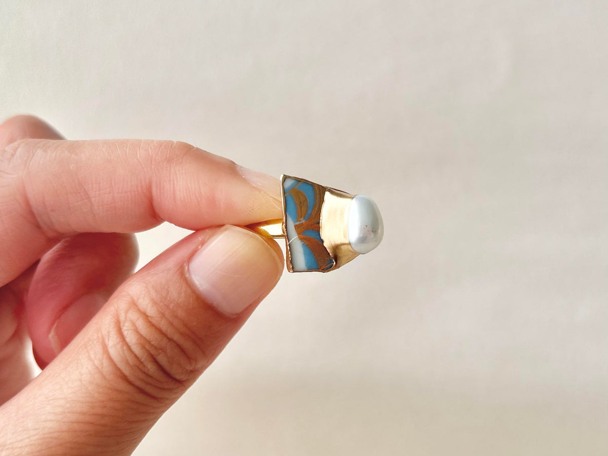 Arita Ware Kintsugi Ring, Stainless Steel with 18K Gold Coating, Free Size, Leaf Pattern, Lapis Lazuli, Freshwater Pearl, Natural Stone, Traditional Craft, #463