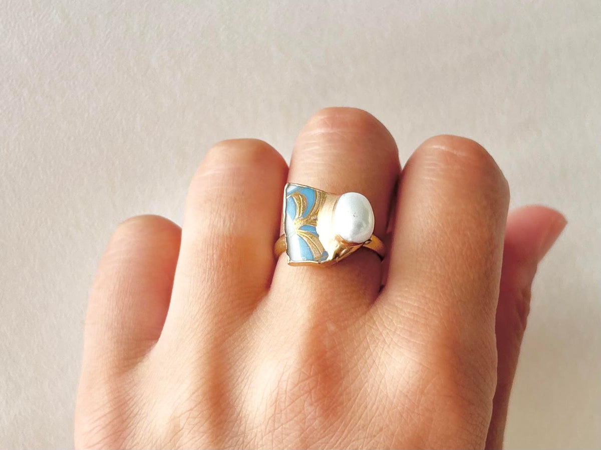 Arita Ware Kintsugi Ring, Stainless Steel with 18K Gold Coating, Free Size, Leaf Pattern, Lapis Lazuli, Freshwater Pearl, Natural Stone, Traditional Craft, #463