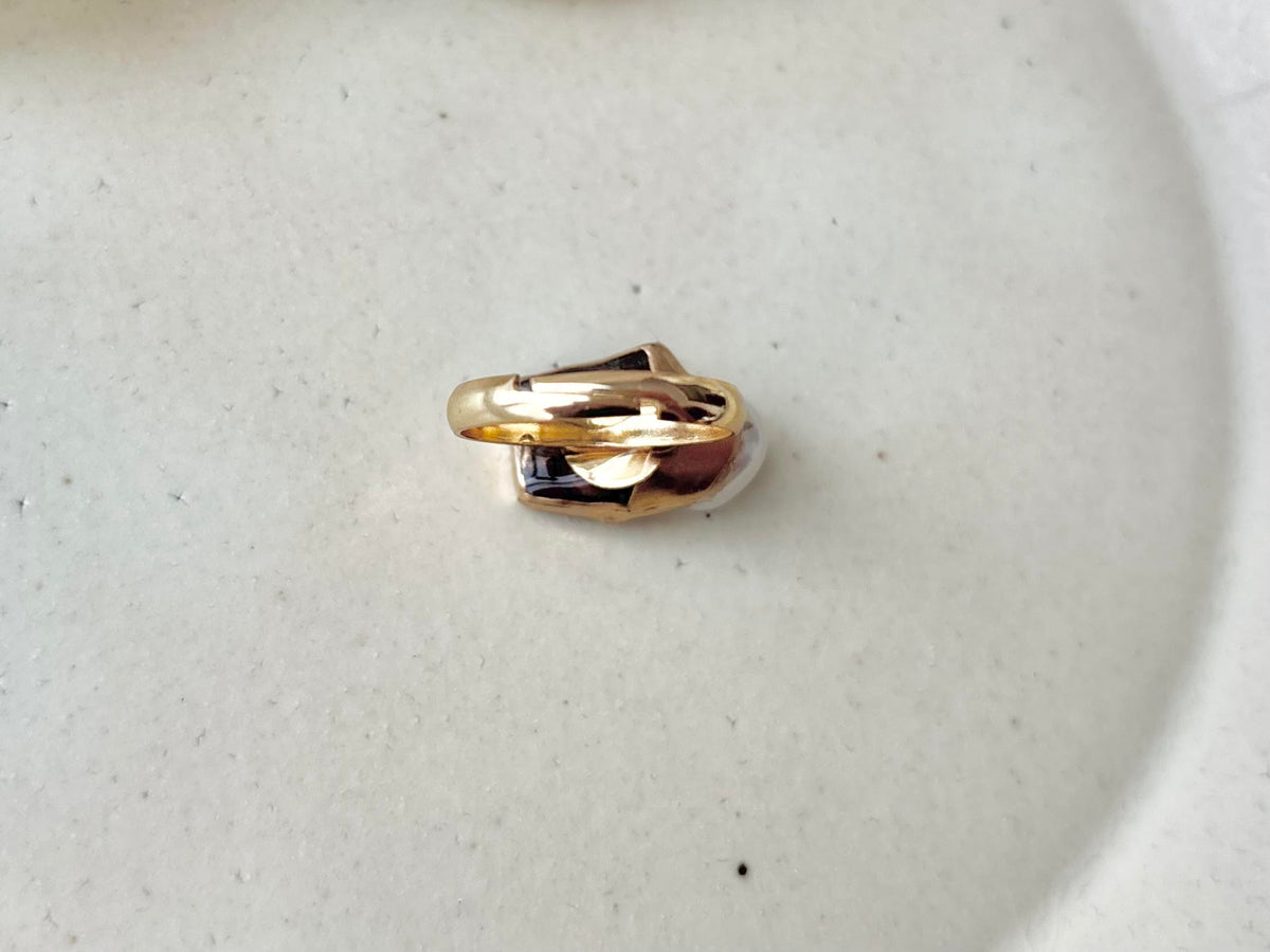 京焼　金継ぎ　リング　サージカルステンレス304　18K　PVD　フリーサイズ　南蛮三島　花柄　淡水パール　伝統工芸　＃655