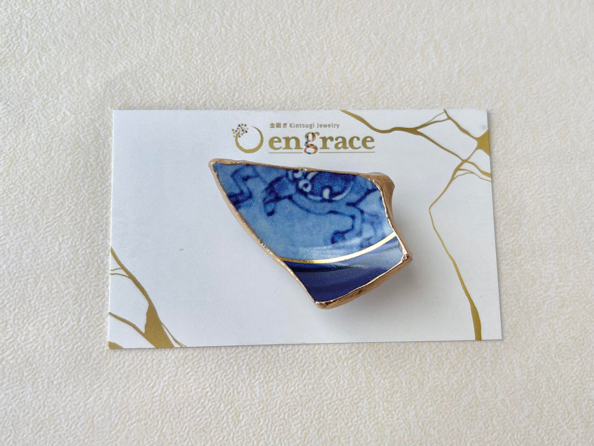 Arita Ware Kintsugi Obidome (Sash Clip), Japanese Pattern, Oriental Design, Tokachi-ishi Obsidian, Natural Stone, Traditional Craft, #450