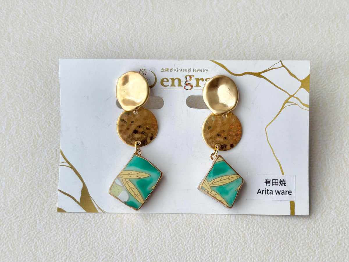 Hagi Ware Kintsugi Screw-Back Clip-On Earrings, Blue, Dangling, Traditional Craft, #489