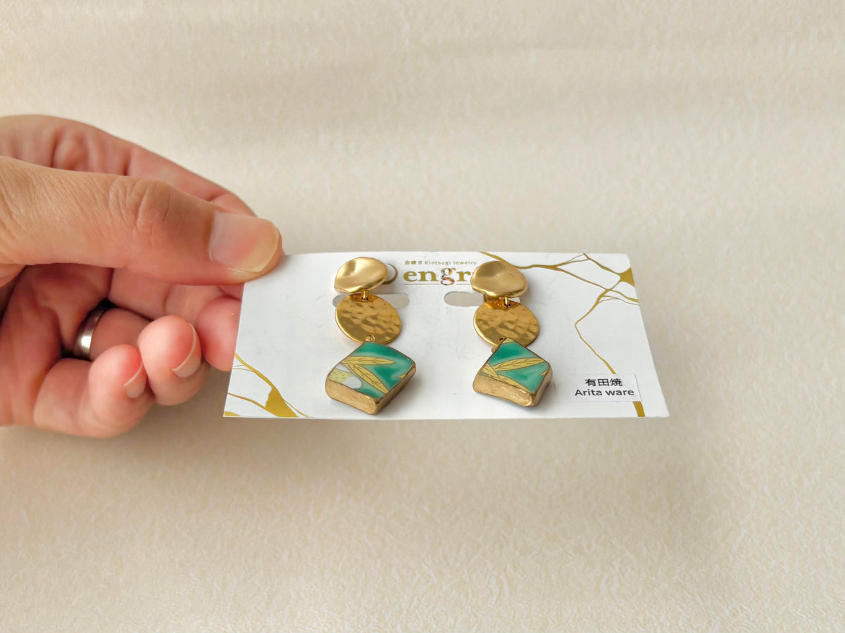 Hagi Ware Kintsugi Screw-Back Clip-On Earrings, Blue, Dangling, Traditional Craft, #489