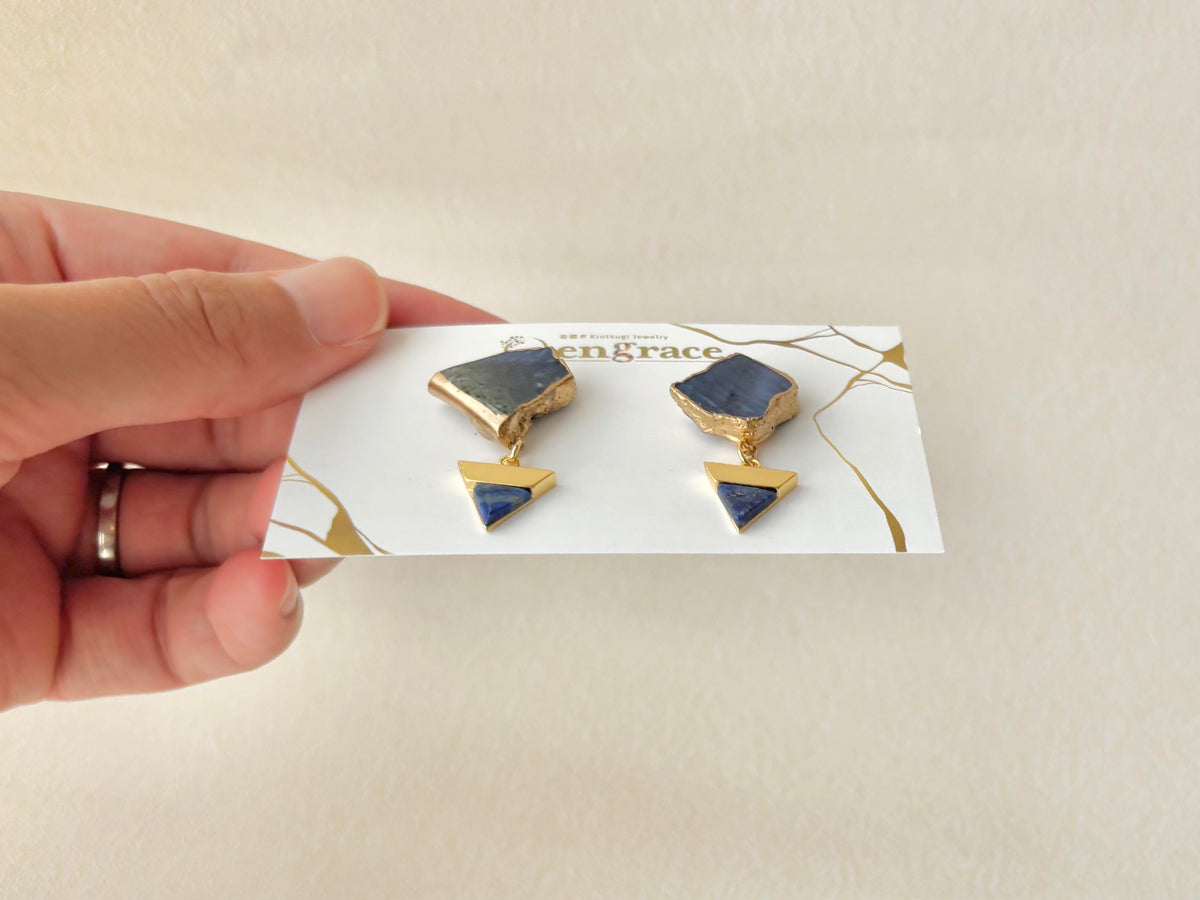 【金具が選べる】萩焼　金継ぎ　ピアス　イヤリング　藍色　ラピスラズリ　天然石　揺れる　伝統工芸　＃663