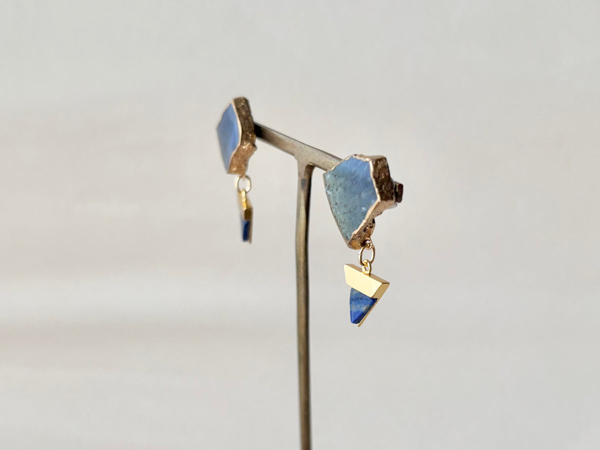 【金具が選べる】萩焼　金継ぎ　ピアス　イヤリング　藍色　ラピスラズリ　天然石　揺れる　伝統工芸　＃663