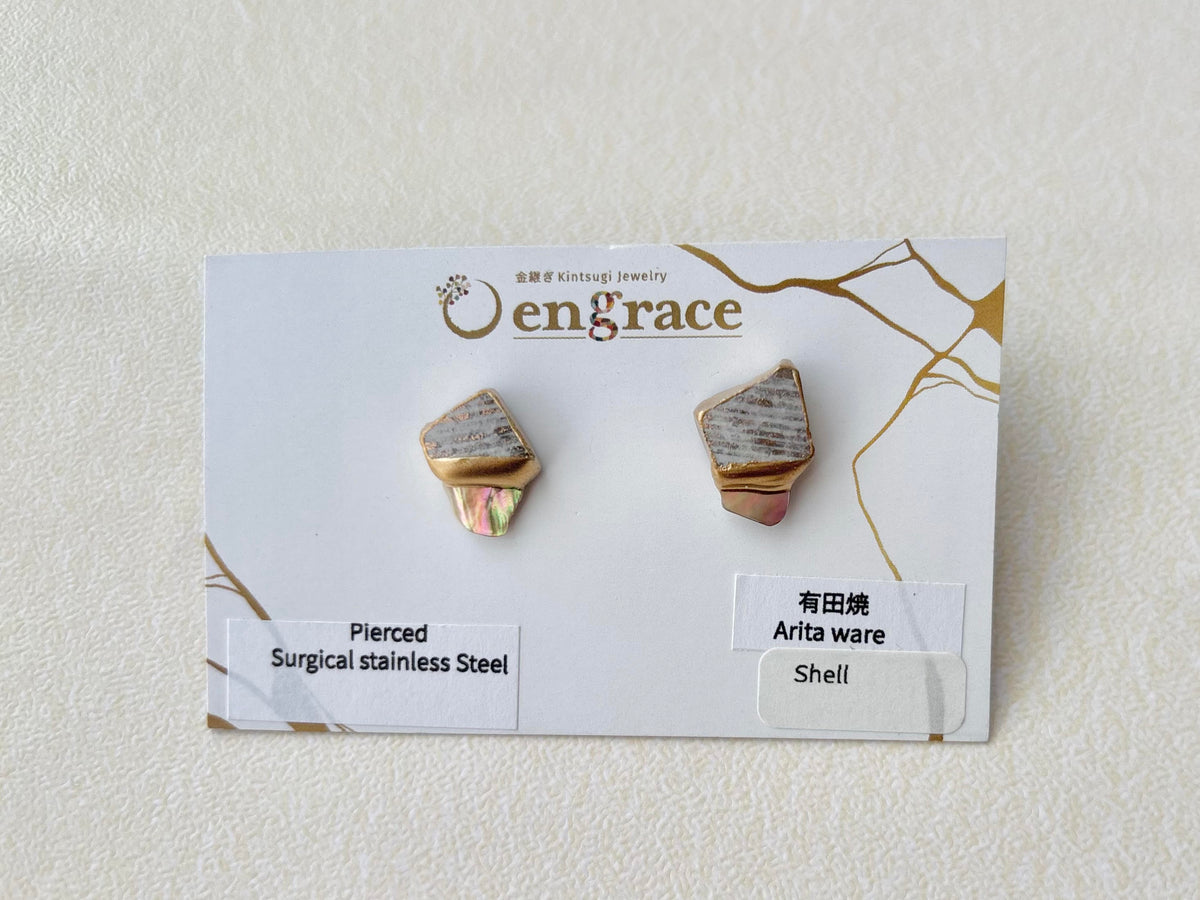 有田焼 　金継ぎ　サージカルステンレスピアス　グレー　シェル　天然石　伝統工芸　＃676