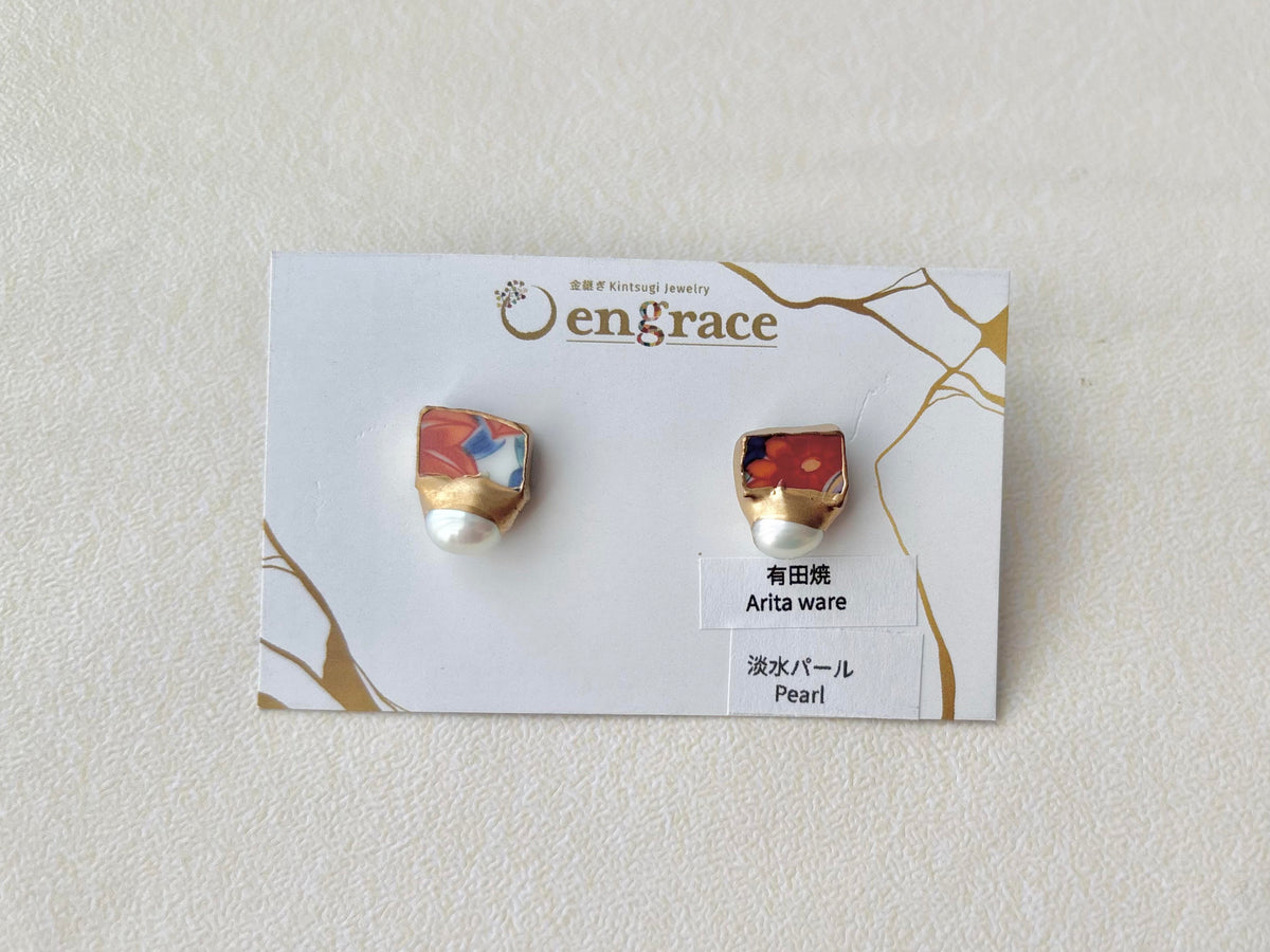 有田焼 　金継ぎ　サージカルステンレスピアス　赤　花柄　淡水パール　伝統工芸　＃678