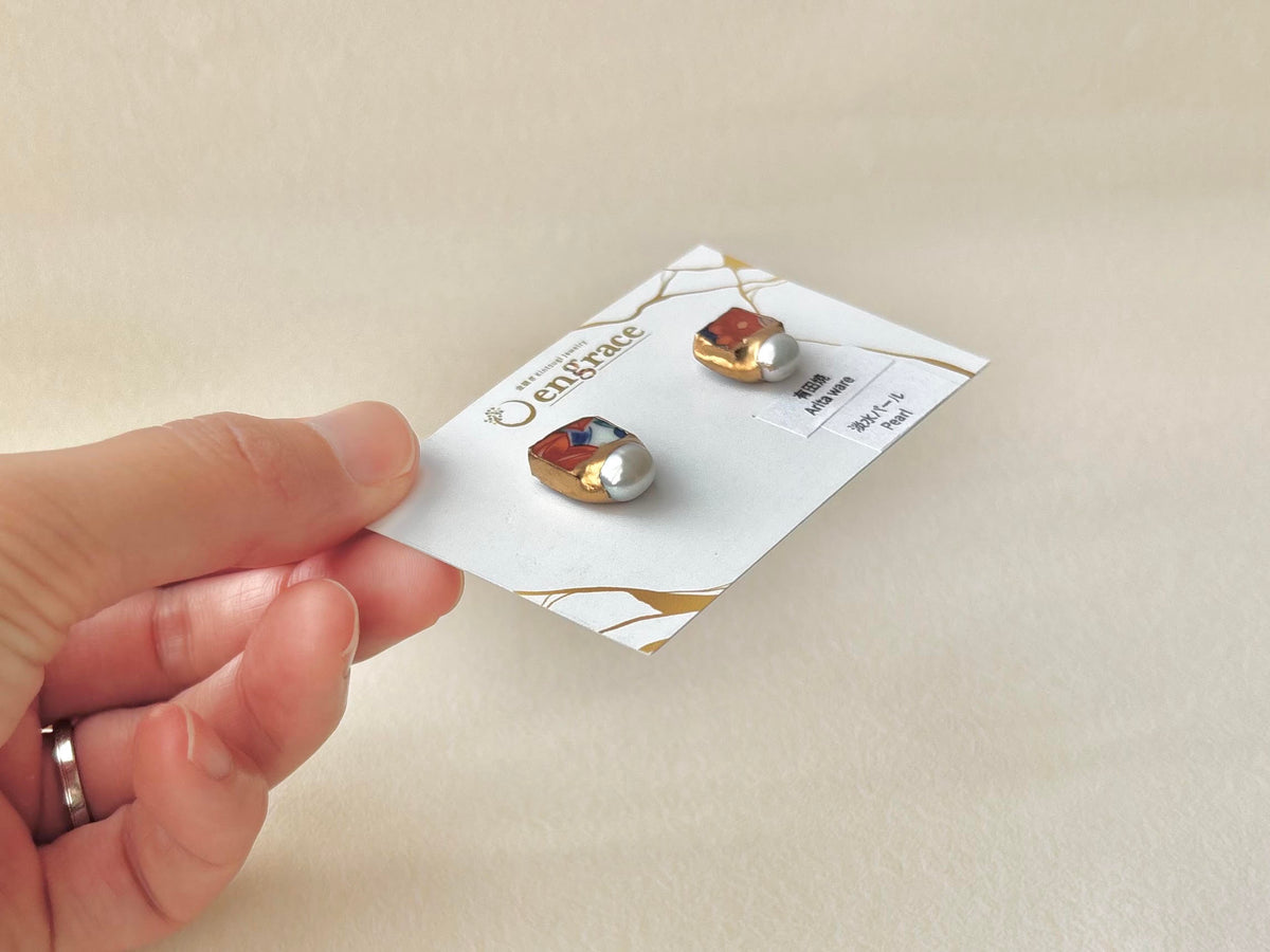 有田焼 　金継ぎ　サージカルステンレスピアス　赤　花柄　淡水パール　伝統工芸　＃678
