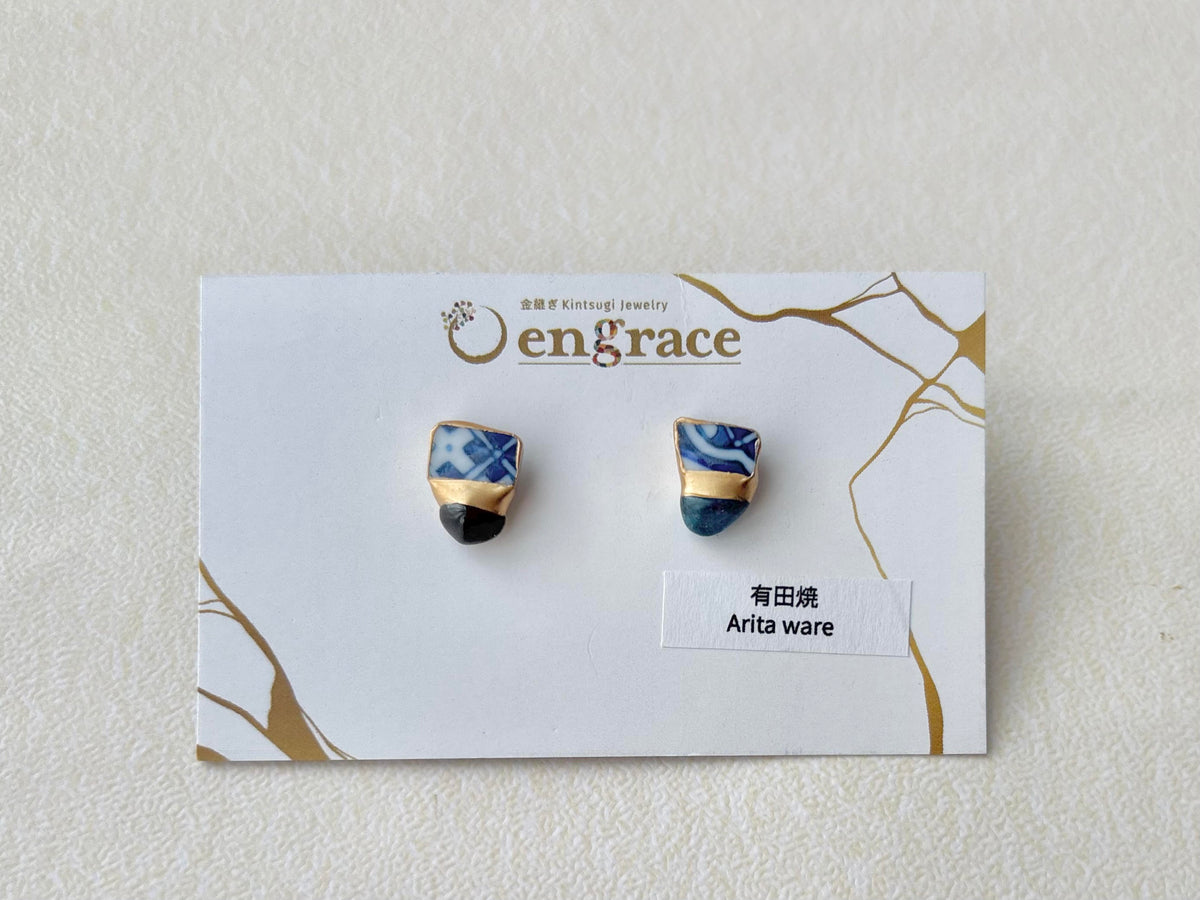 有田焼 　金継ぎ　サージカルステンレスピアス　青　白　アパタイト　天然石　伝統工芸　＃671
