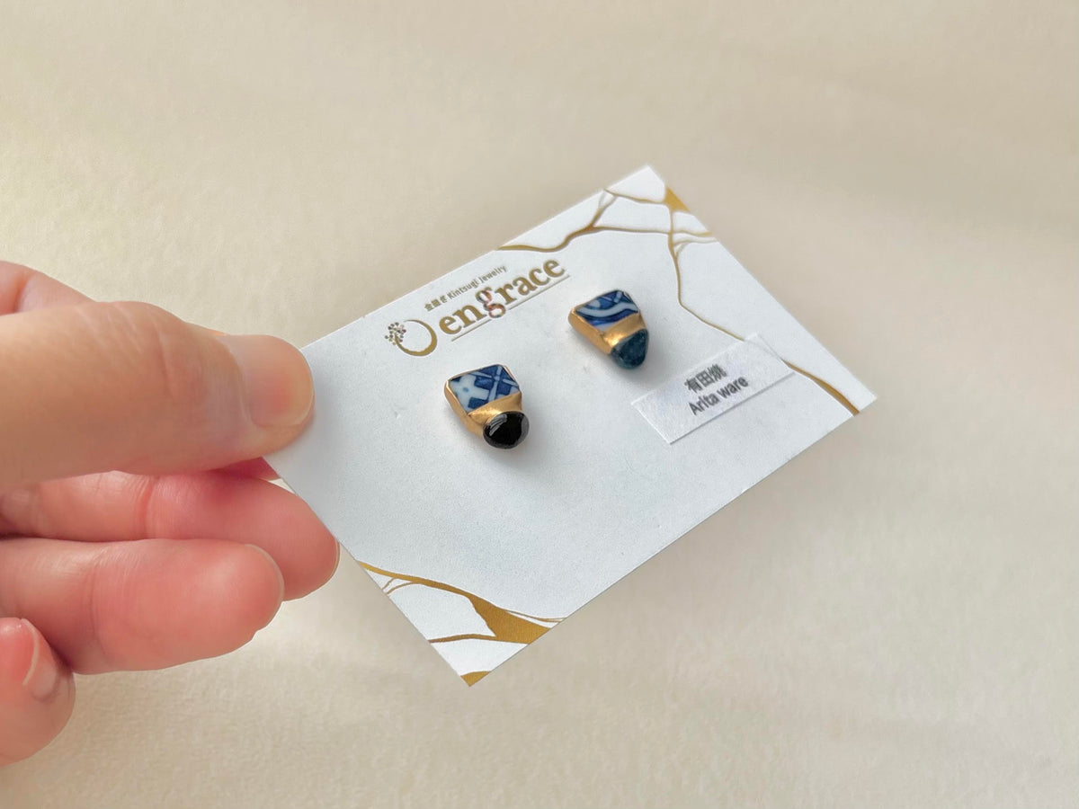 有田焼 　金継ぎ　サージカルステンレスピアス　青　白　アパタイト　天然石　伝統工芸　＃671