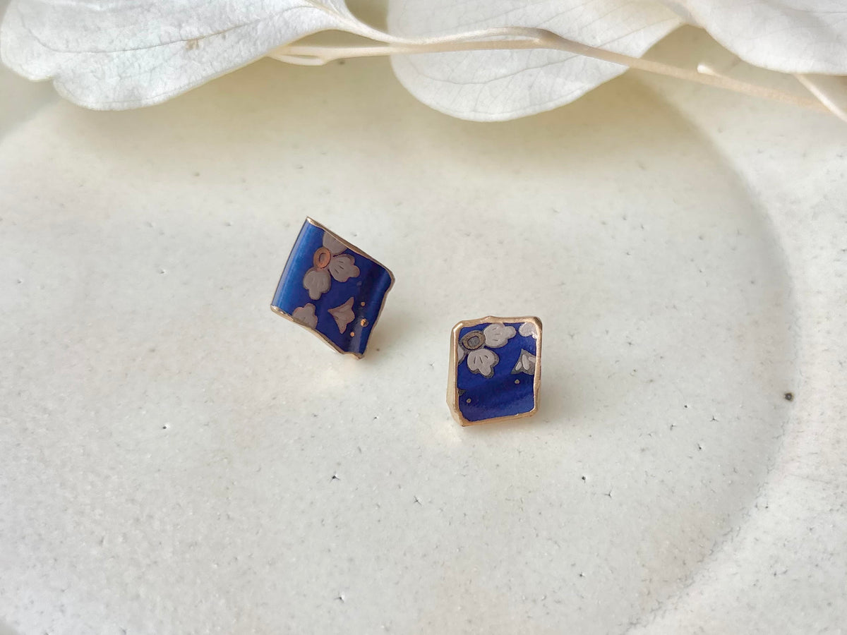 Hagi Ware Kintsugi Screw-Back Clip-On Earrings, Blue, Dangling, Traditional Craft, #489