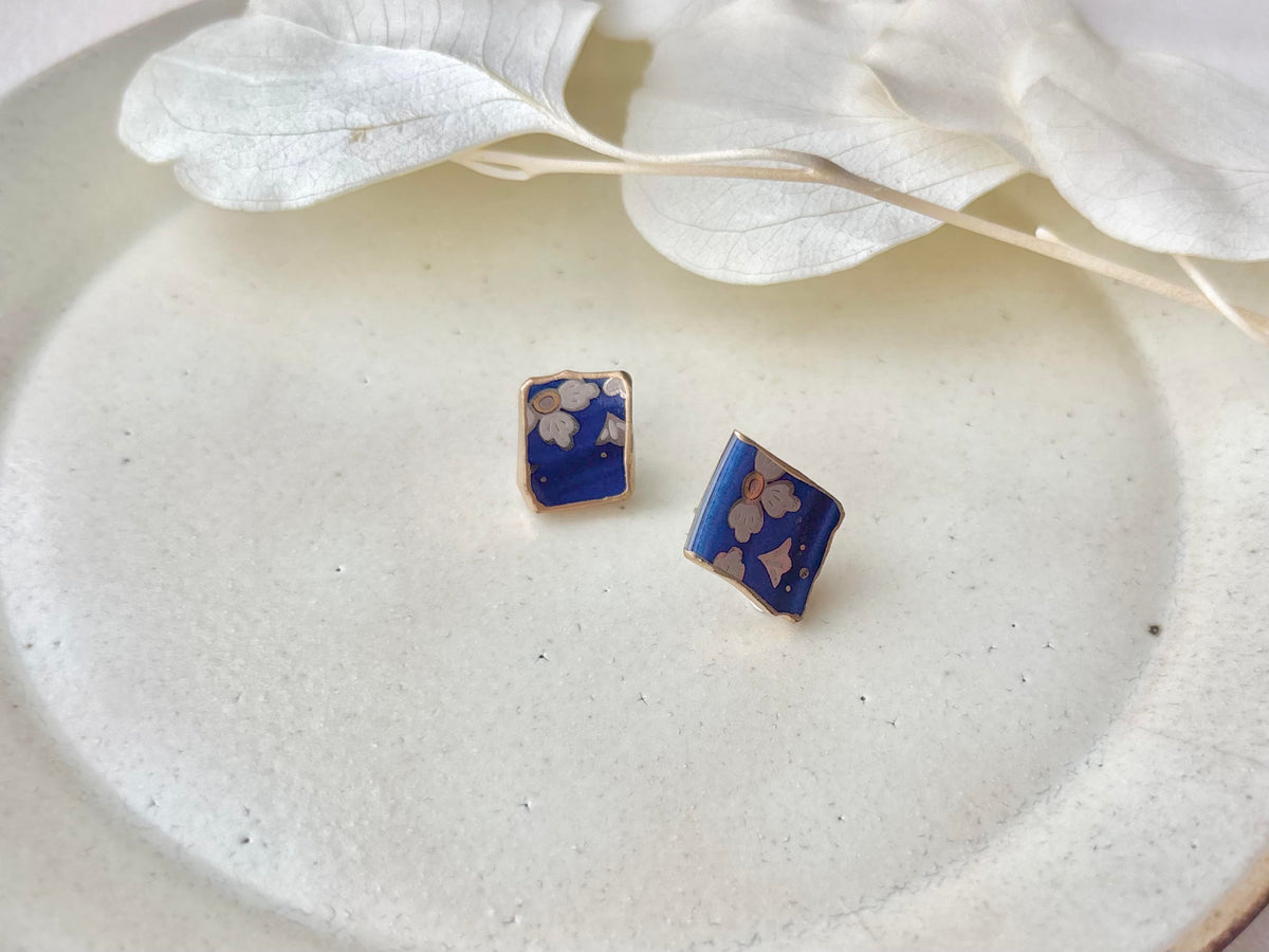 Hagi Ware Kintsugi Screw-Back Clip-On Earrings, Blue, Dangling, Traditional Craft, #489