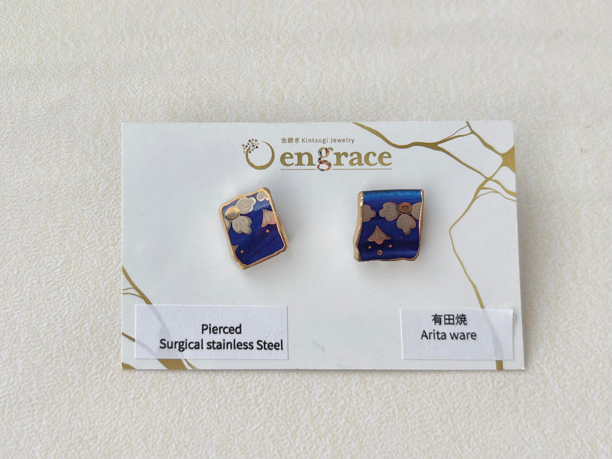 Hagi Ware Kintsugi Screw-Back Clip-On Earrings, Blue, Dangling, Traditional Craft, #489