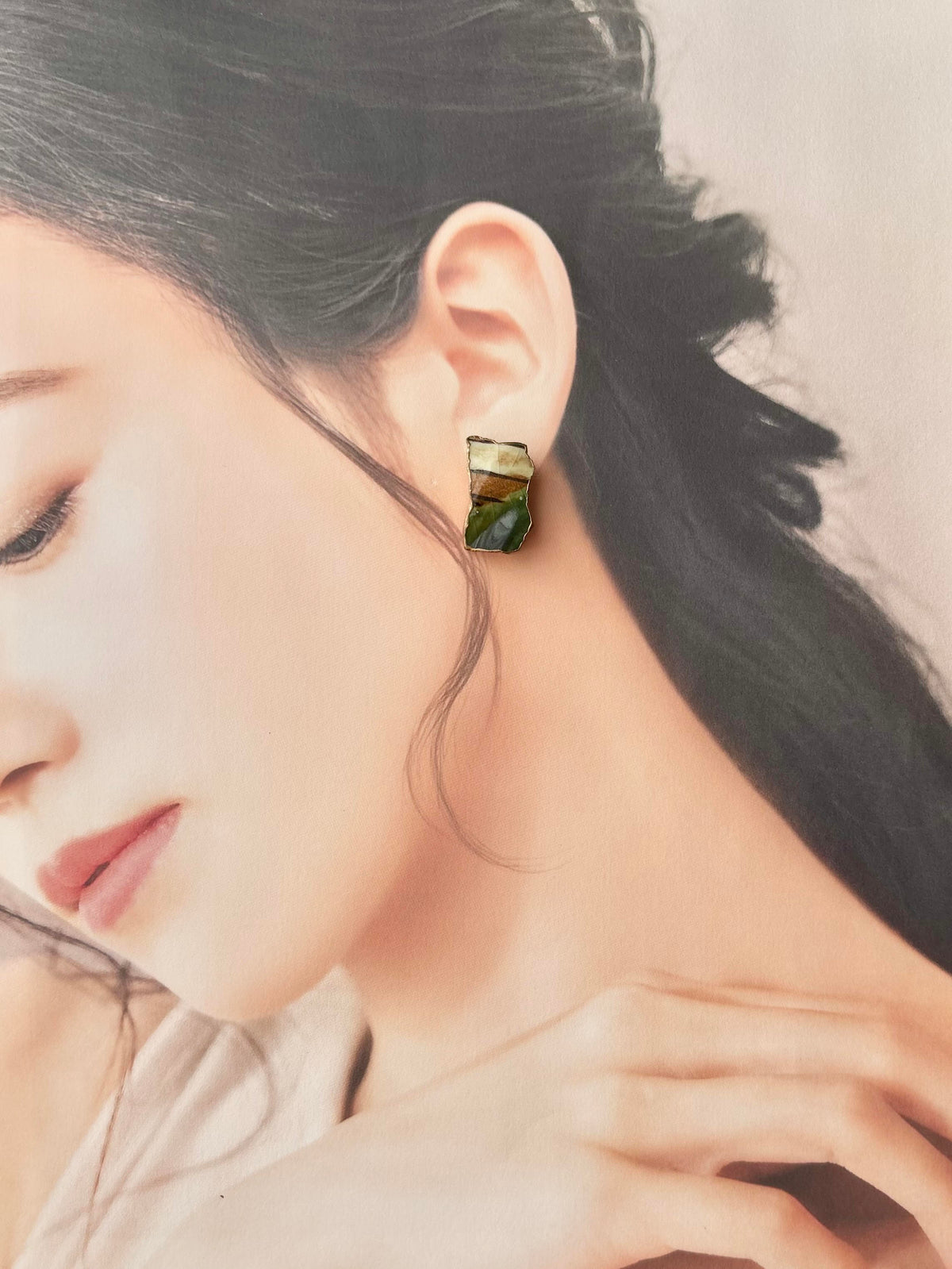 織部焼　金継ぎ　サージカルステンレスピアス　緑　茶色　白　伝統工芸　＃670