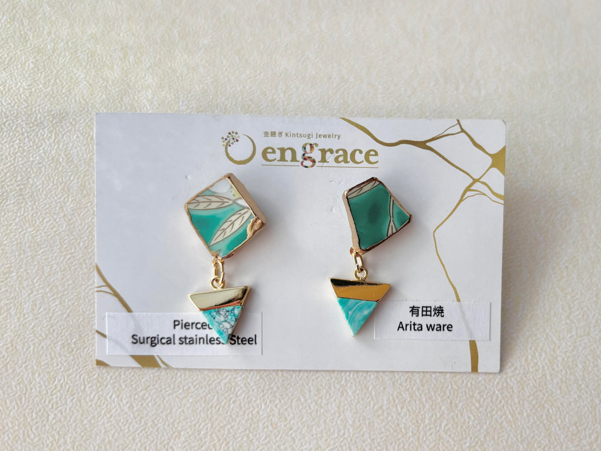 有田焼 　金継ぎ　サージカルステンレスピアス　リーフ柄　緑　揺れる　伝統工芸　＃685