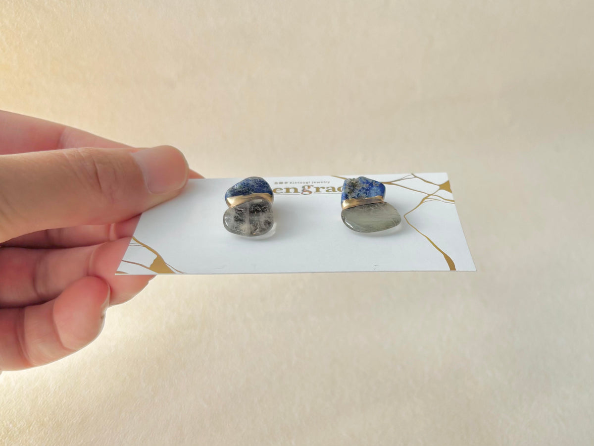 ラピスラズリ　モスアゲート　金継ぎ　サージカルステンレスピアス　天然石　伝統工芸　＃686