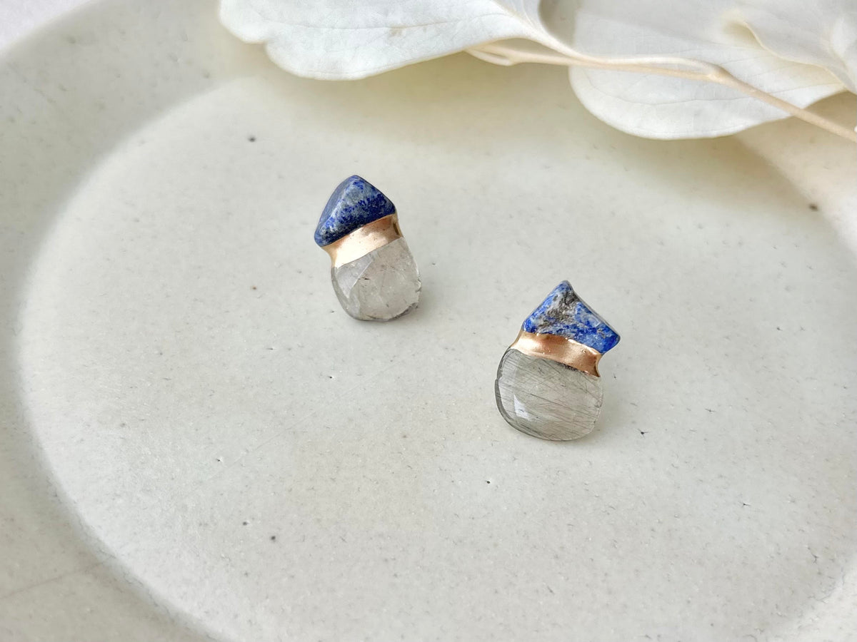 ラピスラズリ　モスアゲート　金継ぎ　サージカルステンレスピアス　天然石　伝統工芸　＃686