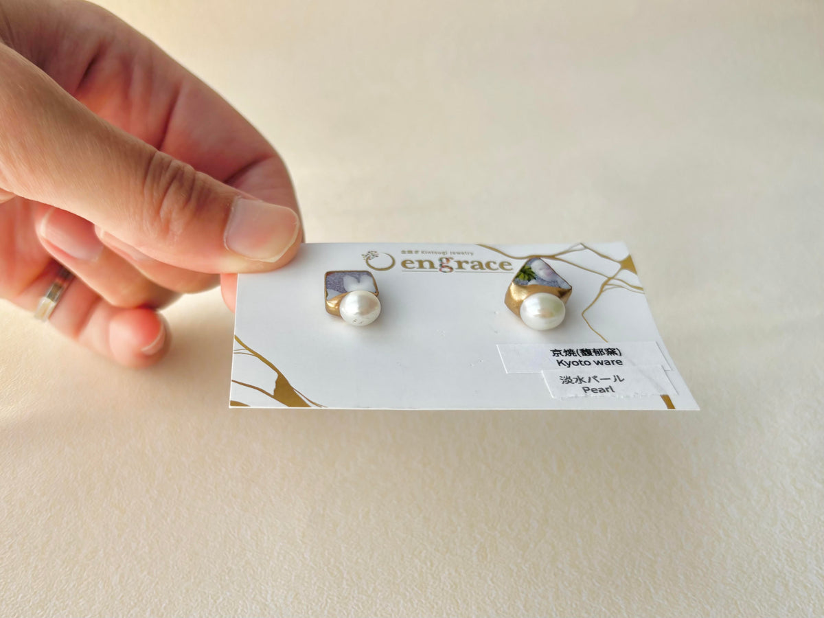 京焼 　金継ぎ　サージカルステンレスピアス　手書き　絵付け　花柄　紫　淡水パール　伝統工芸　＃694