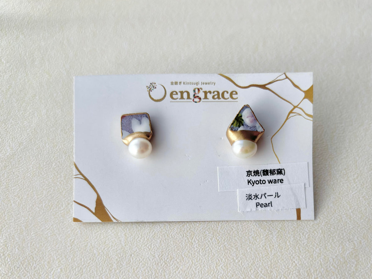 京焼 　金継ぎ　サージカルステンレスピアス　手書き　絵付け　花柄　紫　淡水パール　伝統工芸　＃694