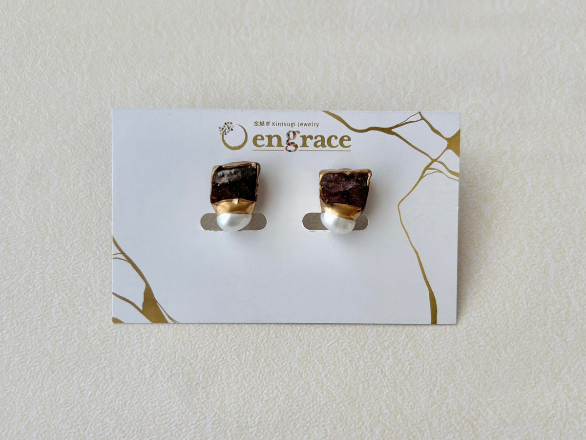 Bizen Ware Kintsugi Earrings - Surgical Stainless Steel Posts, Brown, Freshwater Pearls, Dangle style, Natural Stones, Traditional Crafts #377