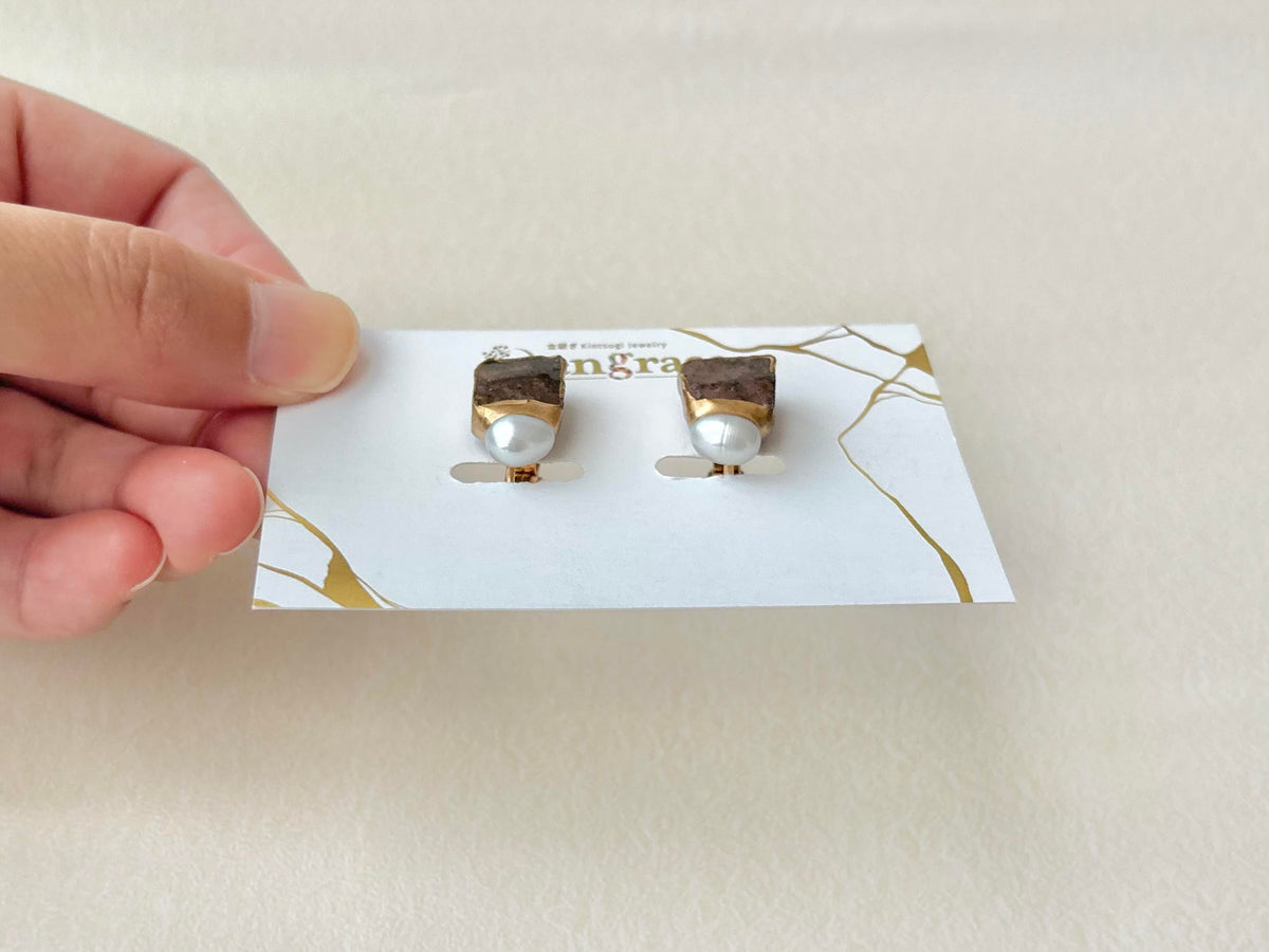 Bizen Ware Kintsugi Earrings - Surgical Stainless Steel Posts, Brown, Freshwater Pearls, Dangle style, Natural Stones, Traditional Crafts #377