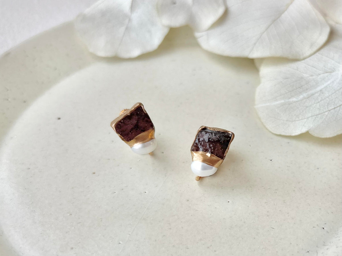 Bizen Ware Kintsugi Earrings - Surgical Stainless Steel Posts, Brown, Freshwater Pearls, Dangle style, Natural Stones, Traditional Crafts #377