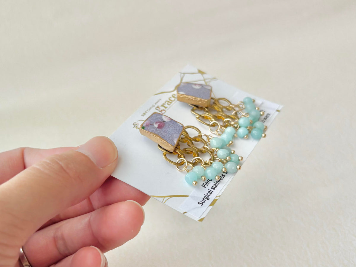 京焼 　金継ぎ　サージカルステンレスピアス　２Way　手書き　絵付け　花柄　紫　アマゾナイト　天然石　伝統工芸　＃702