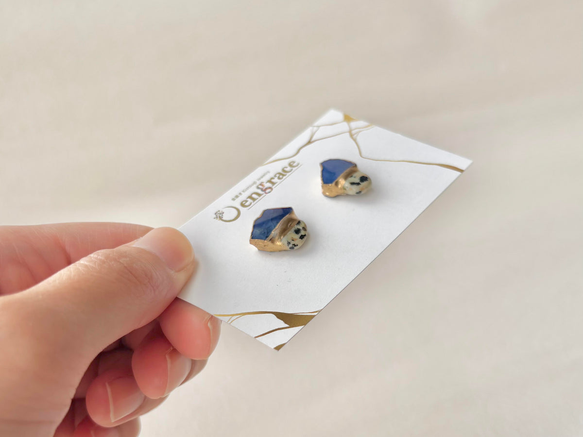 【金具が選べる】萩焼　金継ぎ　ピアス　イヤリング　藍色　ダルメシアンジャスパー　天然石　伝統工芸　＃703