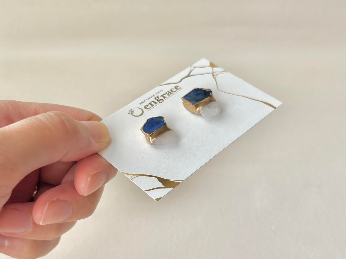 【金具が選べる】萩焼　金継ぎ　ピアス　イヤリング　藍色　モルガナイト　天然石　伝統工芸　＃704