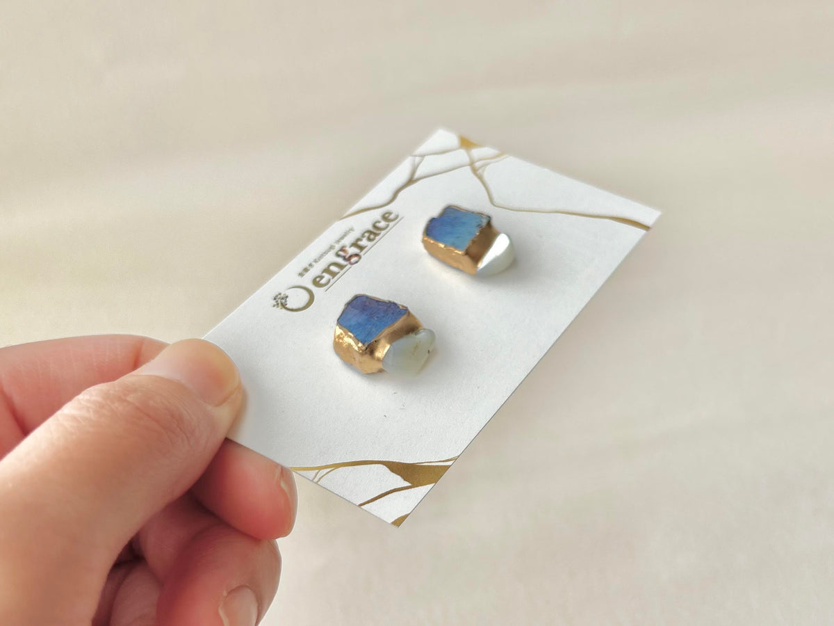 【金具が選べる】萩焼　金継ぎ　ピアス　イヤリング　青色　マザーオブパール　天然石　伝統工芸　＃705