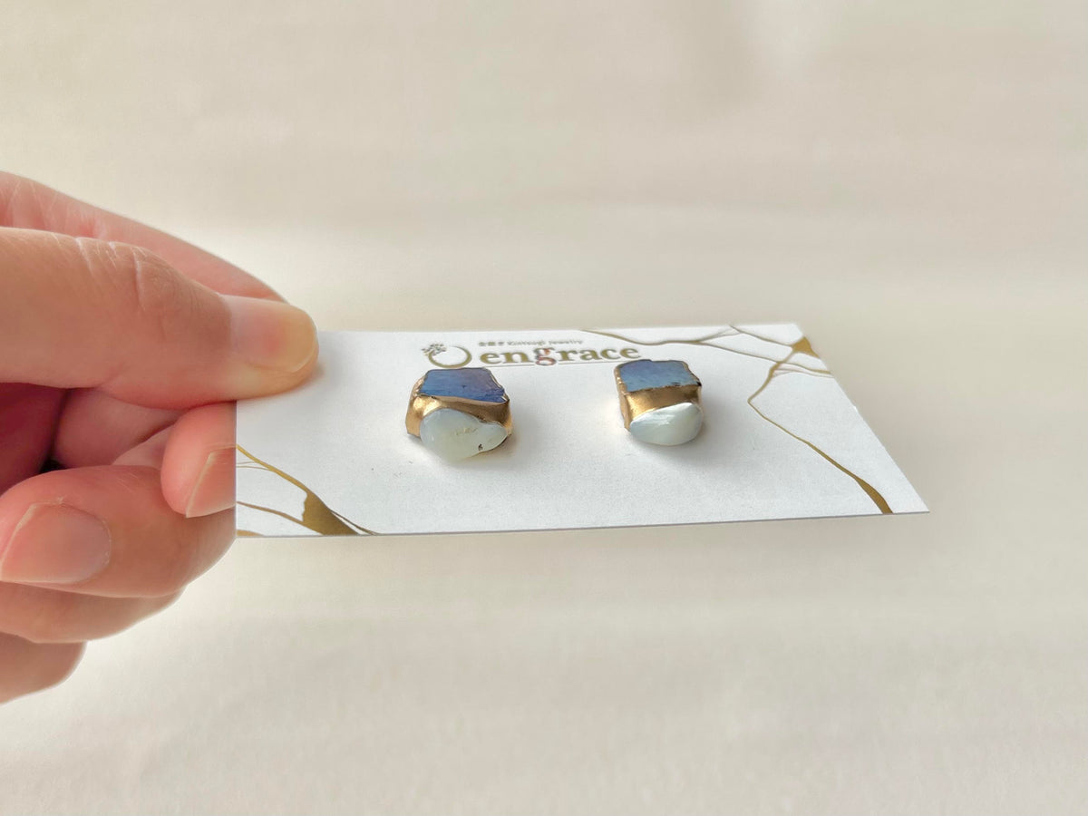 【金具が選べる】萩焼　金継ぎ　ピアス　イヤリング　青色　マザーオブパール　天然石　伝統工芸　＃705