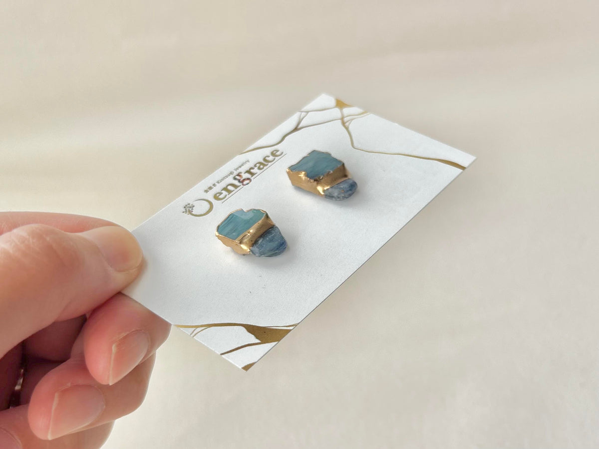 【金具が選べる】萩焼　金継ぎ　ピアス　イヤリング　藍色　カイヤナイト　天然石　伝統工芸　＃706